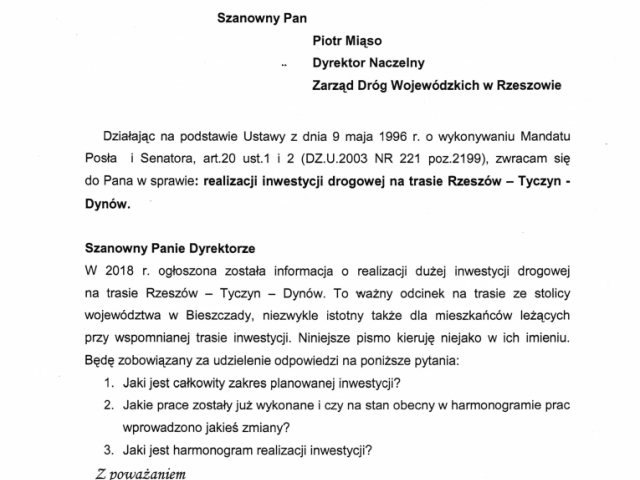 Interwencja sprawie realizacji inwestycji drogowej na trasie Rzeszów - Tyczyn -Dynów - 0001.jpg