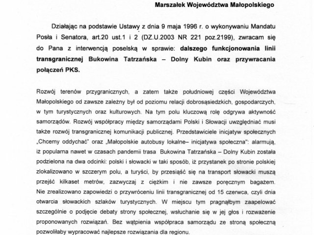 Interwencja poselska w sprawie dalszego funkcjonowania linii transgranicznej Bukowina Tatrzańska - Dolny Kubin oraz przywracania połączeń PKS - 0001.jpg