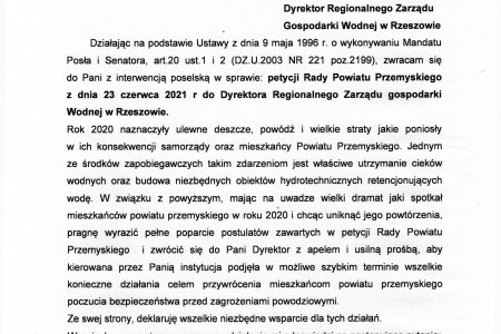 Interwencją poselska w sprawie: petycji Rady Powiatu Przemyskiego z dnia 23 czerwca 2021 r do Dyrektora Regionalnego Zarządu Gospodarki Wodnej w Rzeszowie.