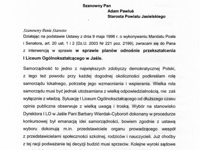 Interwencja w sprawie planów odnośnie przekształcenia I Liceum Ogólnokształcącego w Jaśle. - 0001.jpg
