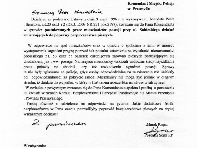 Interwencja Komendant Policji w sprawie postulowanych przez mieszkańców posesji przy ul. Sobieskiego działań zmierzających do poprawy bezpieczeństwa pieszych.jpg