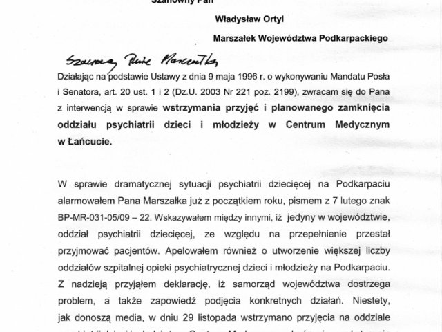 Interwencja w sprawie wstrzymania przyjęć i planowanego zamknięcia oddziału psychiatrii dzieci i młodzieży w Centrum Medycznym w Łańcucie - 0003.jpg