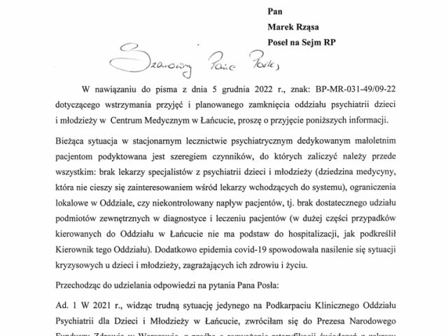 Interwencja w sprawie wstrzymania przyjęć i planowanego zamknięcia oddziału psychiatrii dzieci i młodzieży w Centrum Medycznym w Łańcucie - Odpowiedzi - 0003.jpg