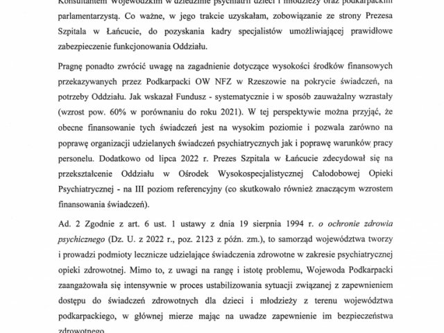 Interwencja w sprawie wstrzymania przyjęć i planowanego zamknięcia oddziału psychiatrii dzieci i młodzieży w Centrum Medycznym w Łańcucie - Odpowiedzi - 0006.jpg