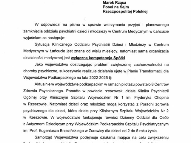 Interwencja w sprawie wstrzymania przyjęć i planowanego zamknięcia oddziału psychiatrii dzieci i młodzieży w Centrum Medycznym w Łańcucie - Odpowiedzi - 0001.jpg