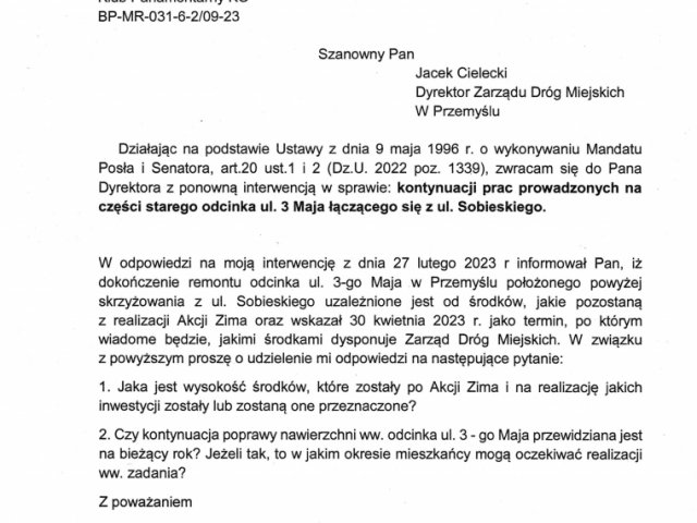 Interwencja ponowna w sprawie kontynuacji prac prowadzonych na części starego odcinka ul. 3 Maja łączącego się z ul. Sobieskiego..jpg