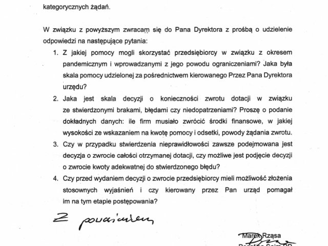 Interwencja w sprawie skali podejmowanych decyzji o nakazie zwrotu przez przedsiębiorców dotacji w ramach świadczeń mających wesprzeć i chronić rynek pracy w okresie pandemicznym. - 0002.jpg