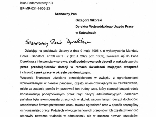 Interwencja w sprawie skali podejmowanych decyzji o nakazie zwrotu przez przedsiębiorców dotacji w ramach świadczeń mających wesprzeć i chronić rynek pracy w okresie pandemicznym. - 0001.jpg