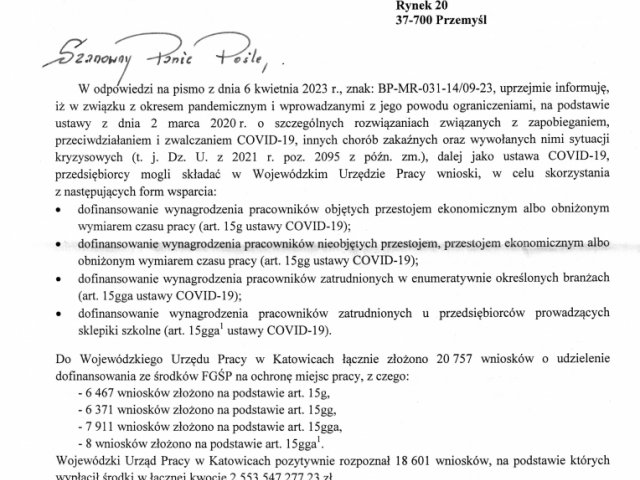 Odpowiedź na interwencję w sprawie skali podejmowanych decyzji o nakazie zwrotu przez przedsiębiorców dotacji w ramach świadczeń mających wesprzeć i chronić rynek pracy w okresie pandemicznym. - 0001.jpg