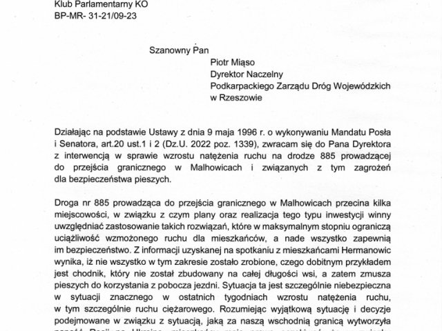 Interwencja w sprawie wzrostu natężenia ruchu na drodze 885 prowadzącej do przejścia granicznego w Malhowicach i związanych z tym zagrożeń dla bezpieczeństwa pieszych. - 0001.jpg