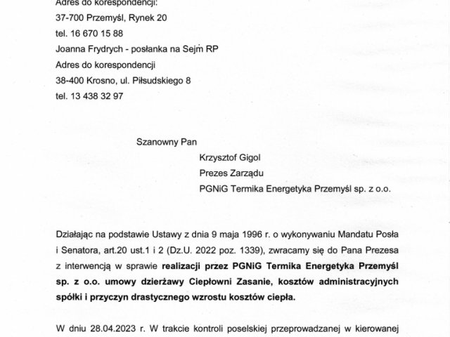 Interwencja w sprawie realizacji przez PGNiG Termika Energetyka Przemyśl sp. z o.o. umowy dzierżawy Ciepłowni Zasanie, kosztów administracyjnych spółki i przyczyn drastycznego wzrostu kosztów ciepła. - 0001.jpg