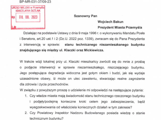 Interwencja w sprawie stanu technicznego niezamieszkanego budynku znajdującego się między ul. Klaczki oraz Mickiewicza..png