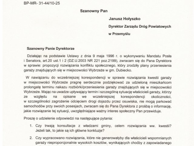 Interwencja w sprawieropozycji rozwiązania konfliktu społecznego, który zrodziły plany przeniesienia garaży znajdujących się w miejscowości Wybrzeże w gm. Dubiecko..jpg