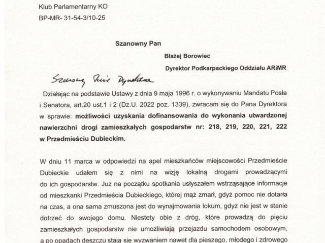 interwencja możliwości uzyskania dofinansowania do wykonania utwardzonej nawierzchni drogi zamieszkałych gospodarstw w Przedmieściu Dubieckim - 0003.jpg