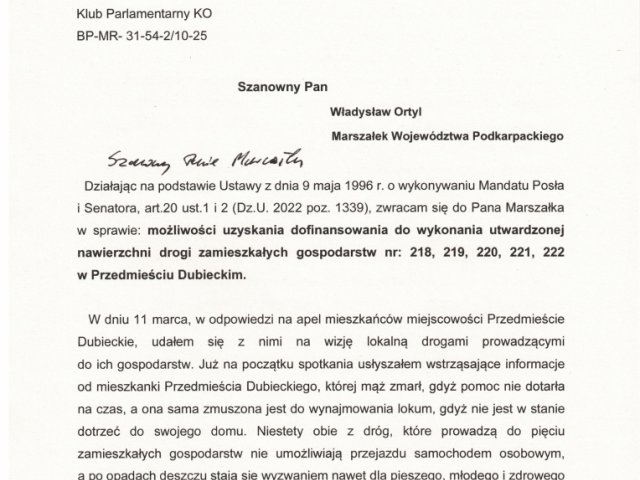 interwencja możliwości uzyskania dofinansowania do wykonania utwardzonej nawierzchni drogi zamieszkałych gospodarstw w Przedmieściu Dubieckim - 0001.jpg