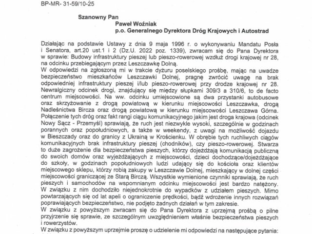 Interwencja w sprawie budowy infrastruktury pieszej lub pieszo-rowerowej wzdłuż drogi krajowej nr 28, na odcinku przebiegającym przez Leszczawkę Dolną..jpg