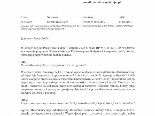 Odpowiedź _Interwencja w sprawie zawieszenie programu „Zmiana Pokrycia Dachowego na Budynkach Gospodarczych - 0001.jpg