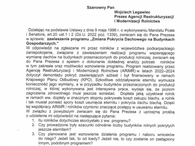 Interwencja w sprawie zawieszenie programu „Zmiana Pokrycia Dachowego na Budynkach Gospodarczych.jpg